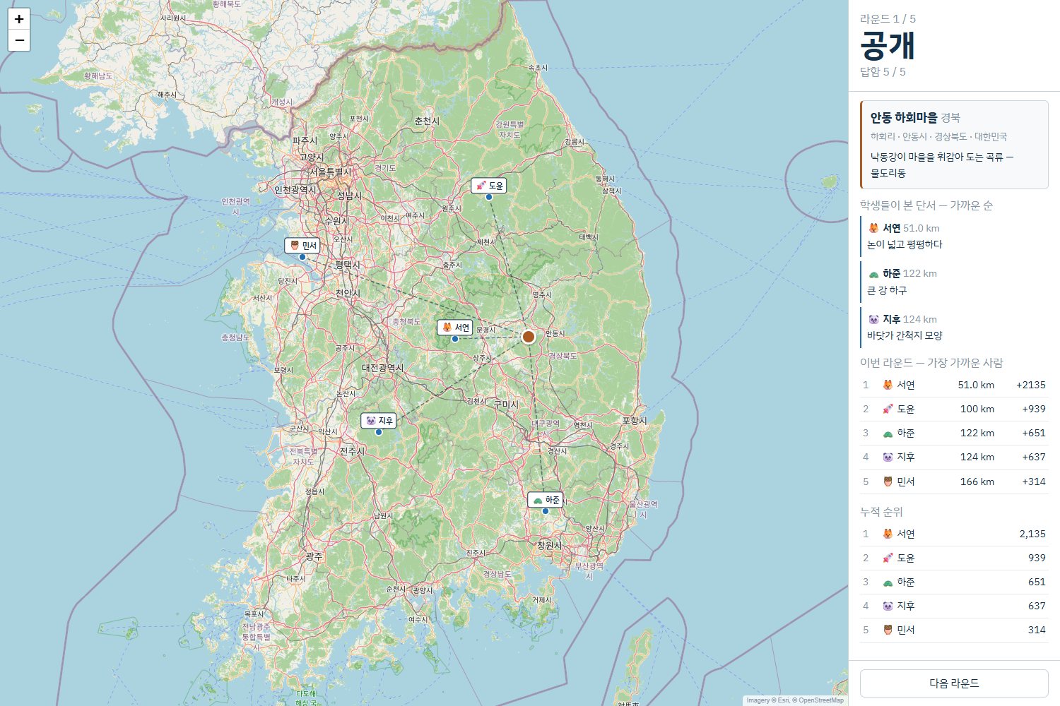 학생 다섯 명이 휴대폰으로 찍은 자리와 정답(안동 하회마을)을 잇고, 옆에 가까운 순위와 학생이 적은 단서를 보여 주는 교사 화면